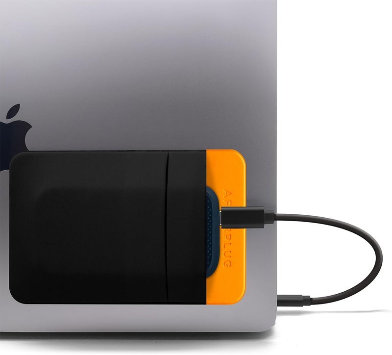 Afterplug 2-Pocket Adhesive Storage Pouch, Laptop Accessory Organizer for SSD, Magic Mouse, Cables, Black and Orange - Image 1